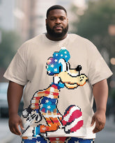 Men's Plus Size Apricot Pixel American Flag Cartoon Dog Print Short Sleeve T-Shirt Shorts Suit